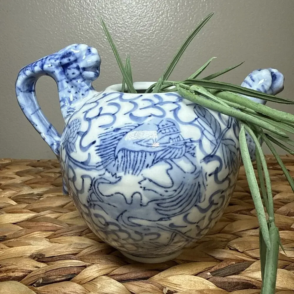 Vintage Chinese Blue White Porcelain Teapot Fish Motif Dragon Handle No Lid